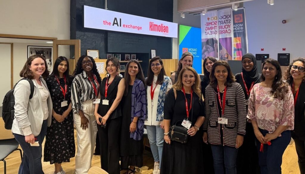 Kimolian Academy team and speakers at the AI Exchange event, including Sofia Kinaa, Aesha Saeed, and Mona Zaree